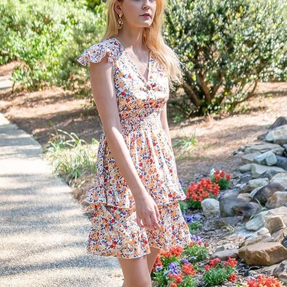 Boho V Neck Floral Print Ruffle Sleeve Layered Mini Dress Cute Smocked Waist Sho - Picture 4 of 7